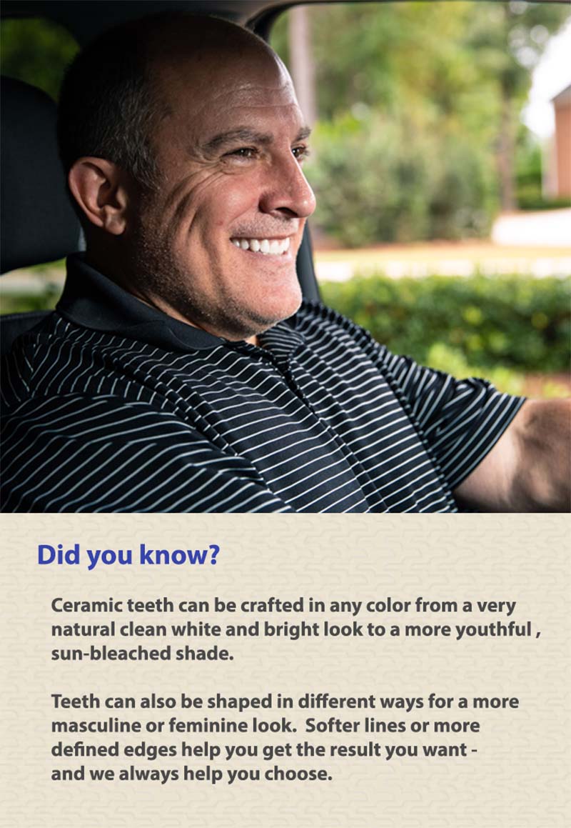 Ceramic teeth can be shaped and colored for a masculine or feminine look